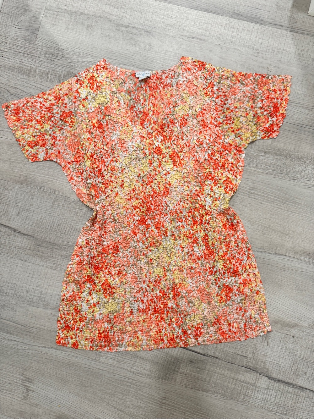 Jaclyn Smith Orange Floral Popcorn Texture Tunic Top Size L Crinkle V-Neck Shirt